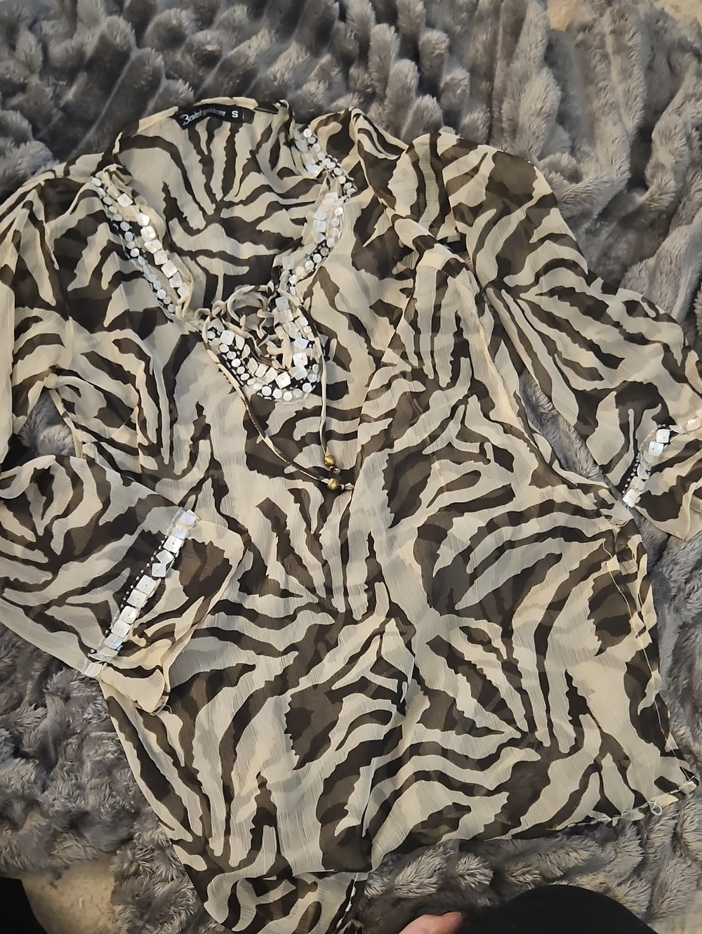 Zebra-Print Sheer Swim Coverup with Embellished V-Neck